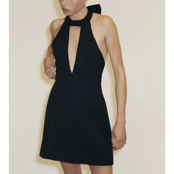 Zara NWT open bow back choker collar feel v neck black luxe thick mini dress - Picture 5 of 11